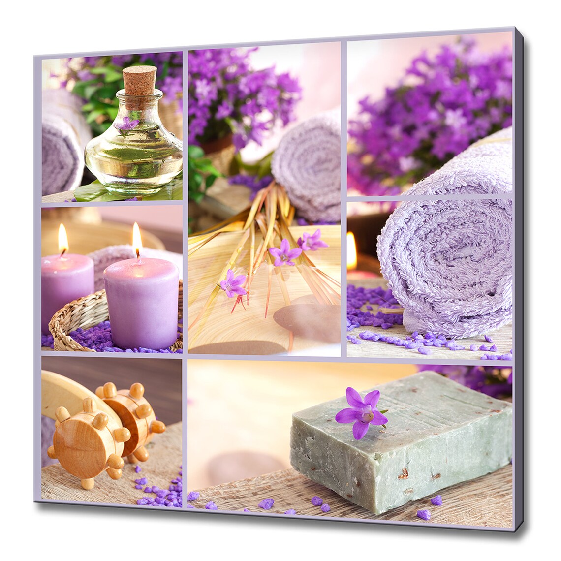 Lavender Spa Wellness Collage with Candles Towels and Soap Art Poster
