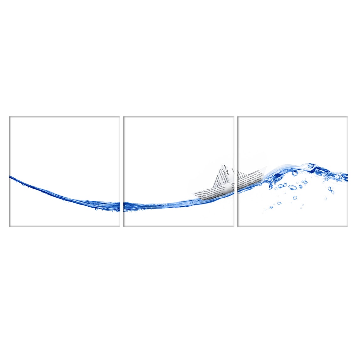 Paper Boat Riding Blue Wave Minimalist Three Panel Ocean Wall Art
