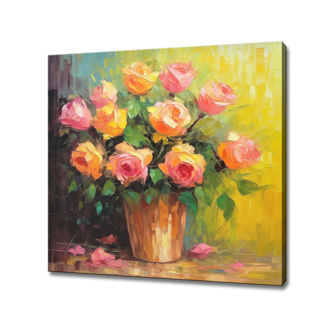 Bouquet Of Yellow Pink Roses Flowers Oil Painting Style Print Wall Art Modern Floral Design Home Decor Botanical Flowers Wall Art