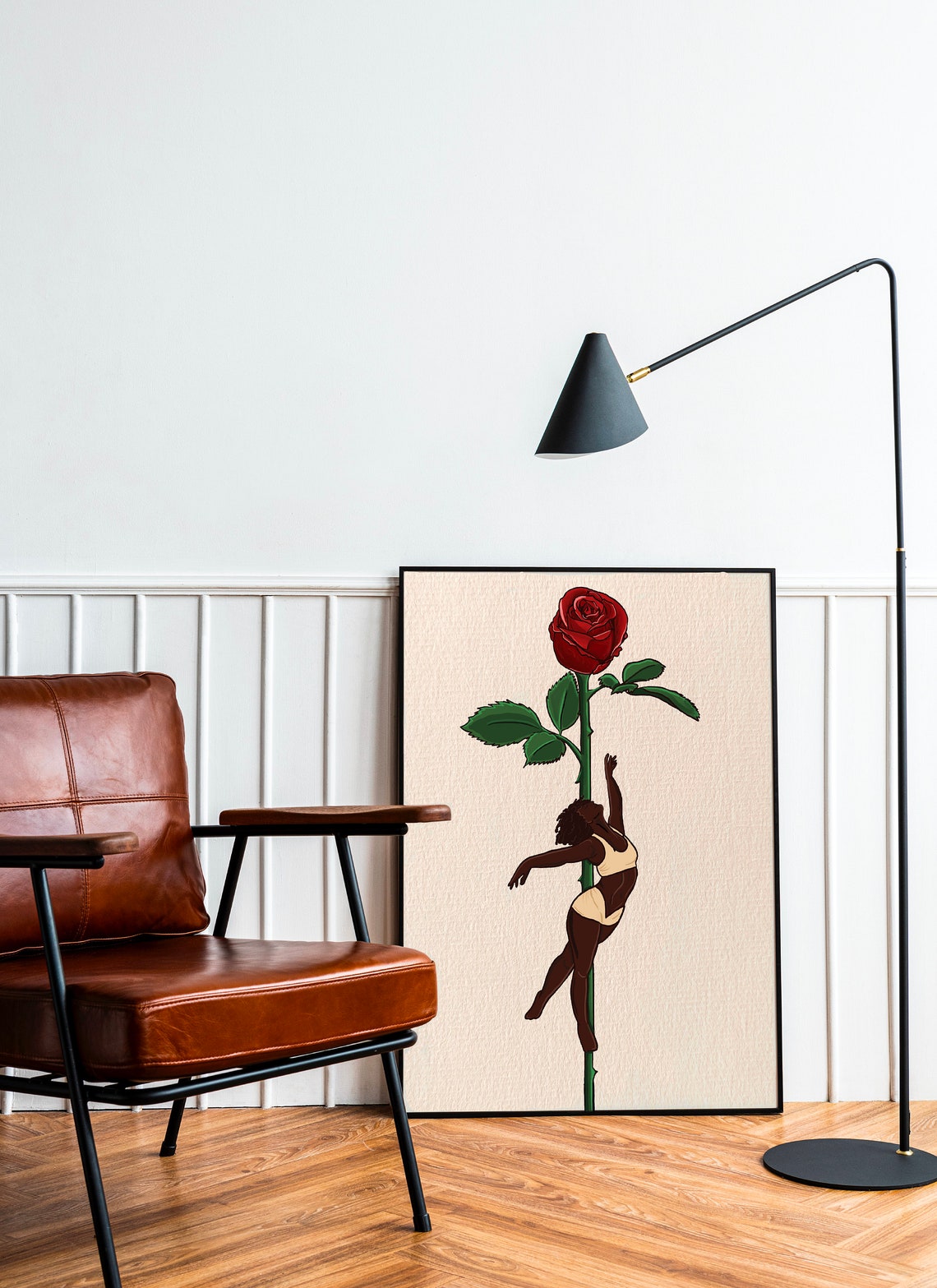 Black Pole Dancer Red Rose Stem Minimalist Floral Illustration Poster - Image 3