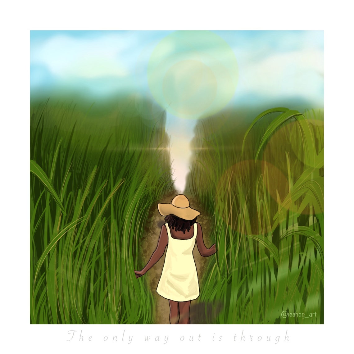 Girl in Sun Hat Walking Through Tall Grass Sunny Field Art Poster - Image 2