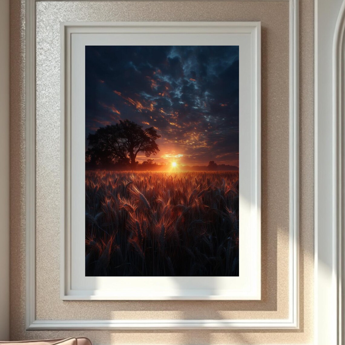 Golden Wheat Field Sunset Tree Silhouette Landscape Art Poster