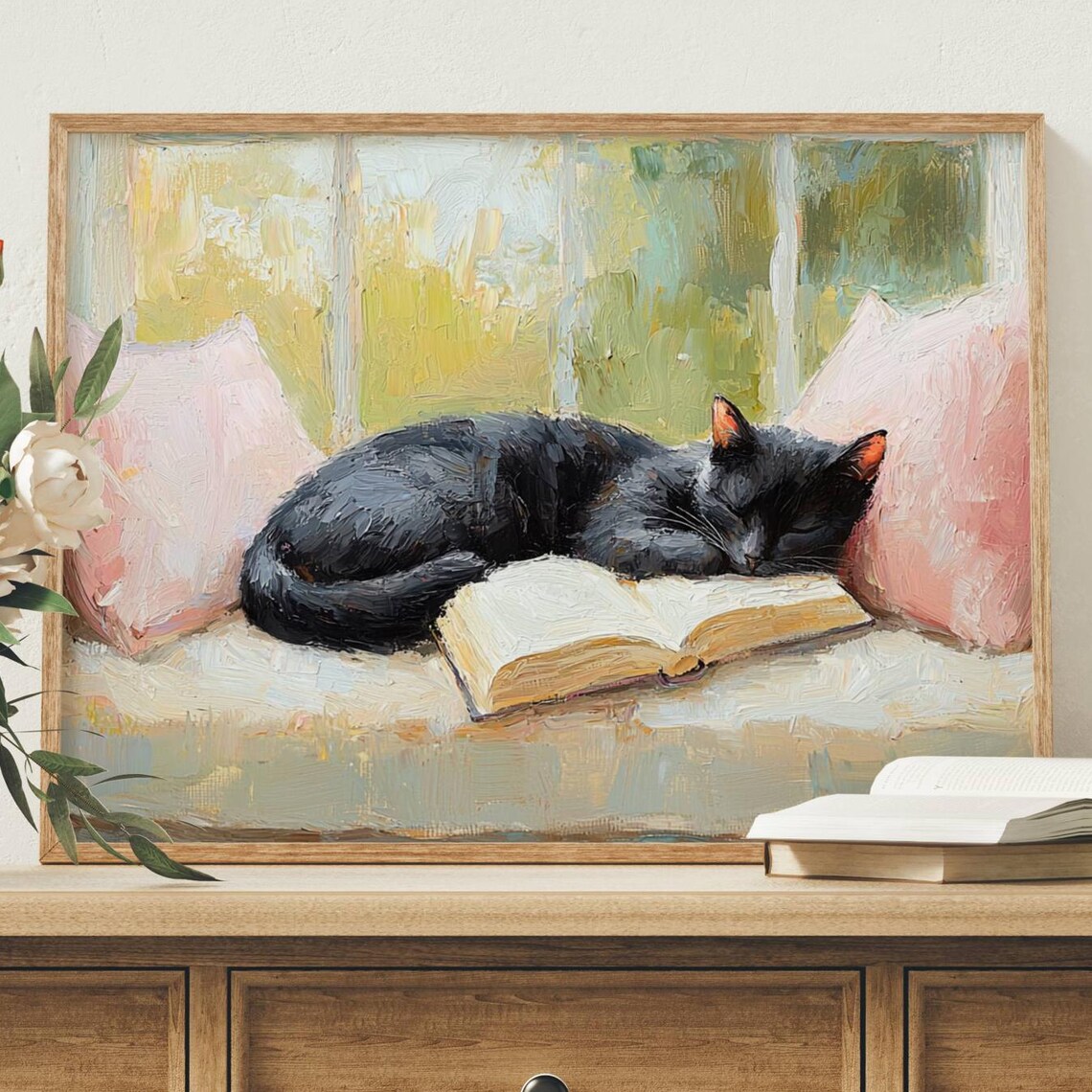 Black Cat Sleeping With Books, Book Lover Art Print