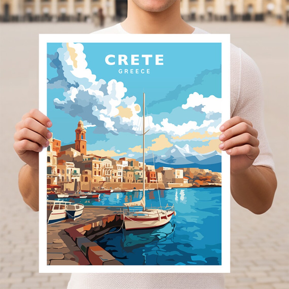Crete Old Harbor Church Tower Sailboats Greece Travel Poster