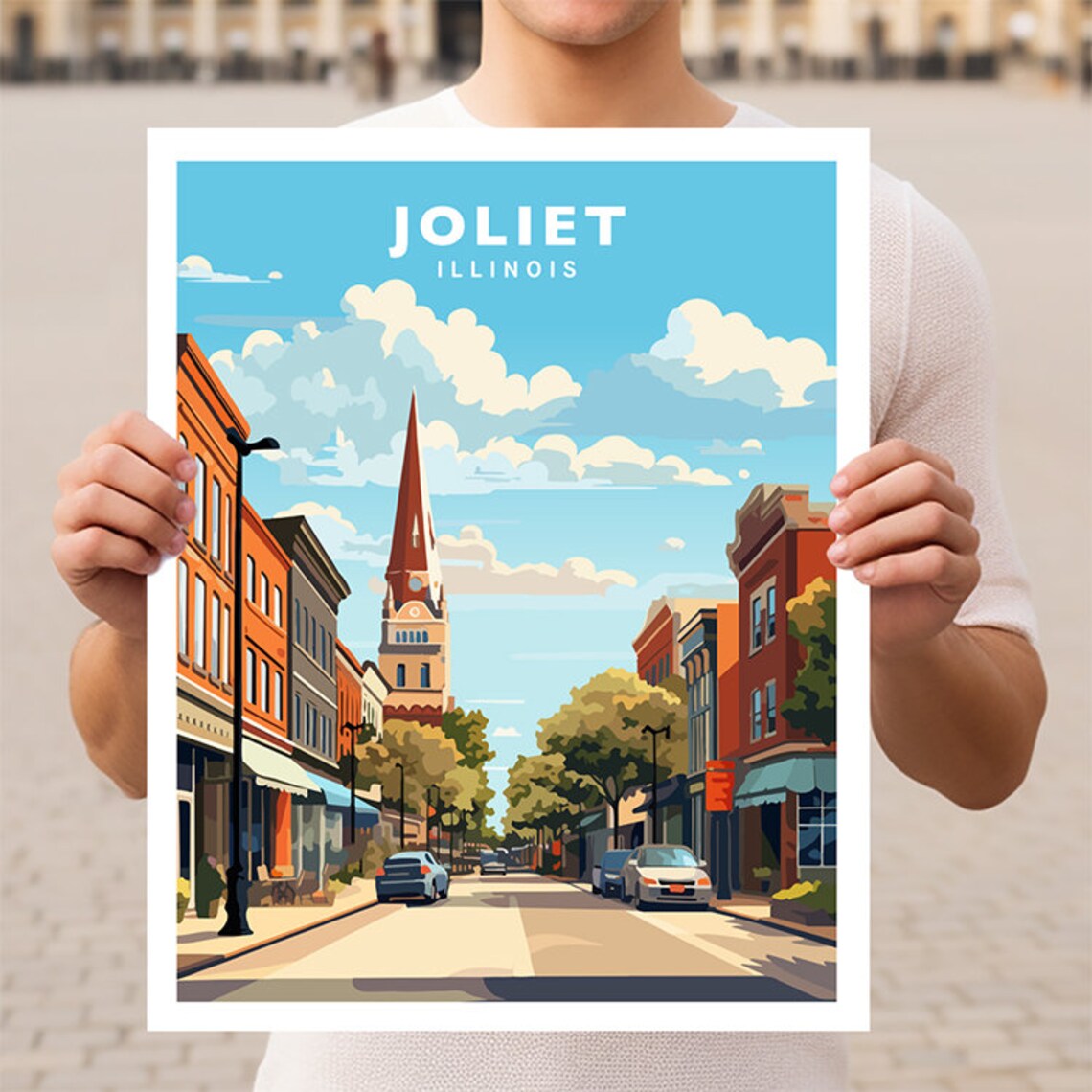 Joliet Illinois Downtown Street Historic Church Steeple Travel Poster