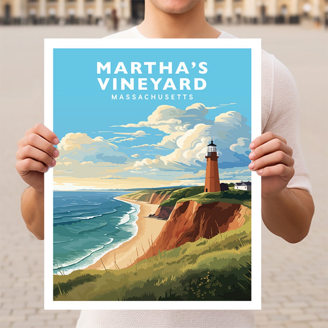 Marthas Vineyard Lighthouse Cliffs Massachusetts Travel Poster