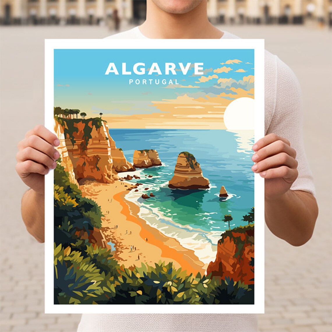 Algarve Portugal Golden Cliffs Sea Stacks Beach Travel Poster