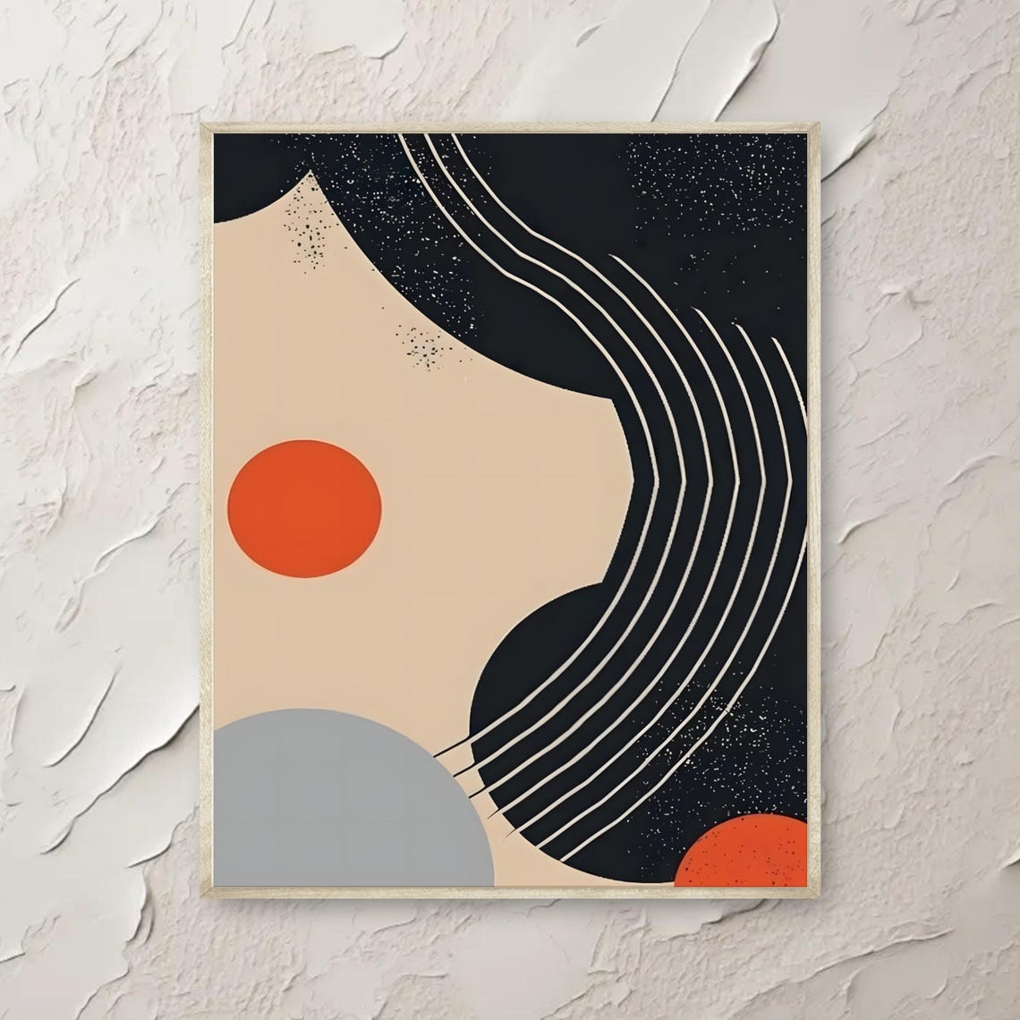 Curved Lines Abstract Orange Sun Black Beige Retro Art Poster