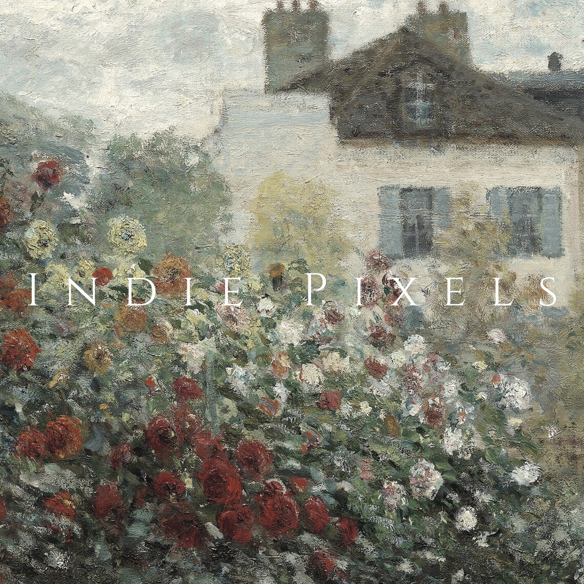 Vintage Rose Garden Cottage Impressionist Floral Landscape Print - Image 2