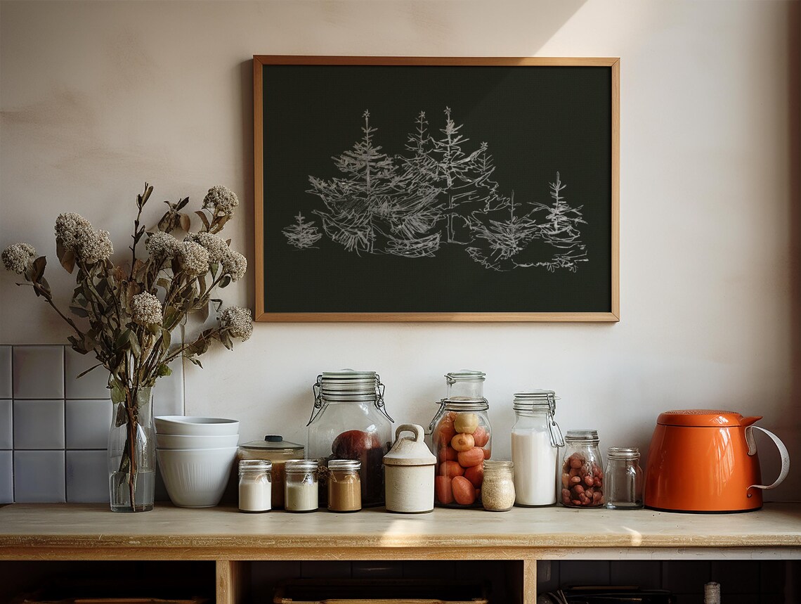 White Pine Tree Line Sketch Black Background Minimalist Winter Art Poster - Image 4