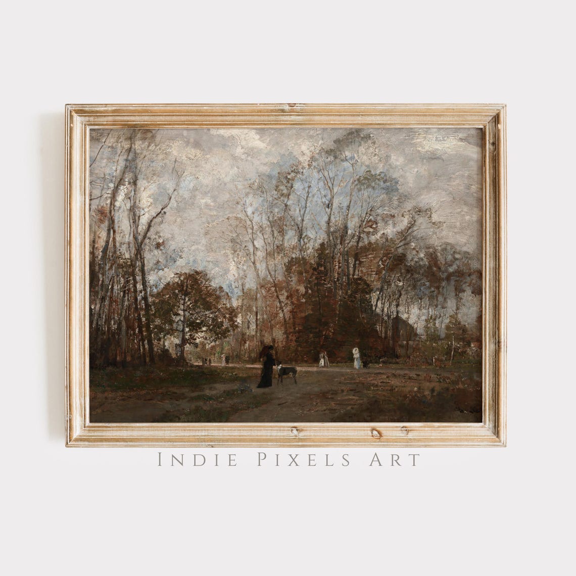 Moody Autumn Forest Path with Strolling Figures Vintage Painting Print