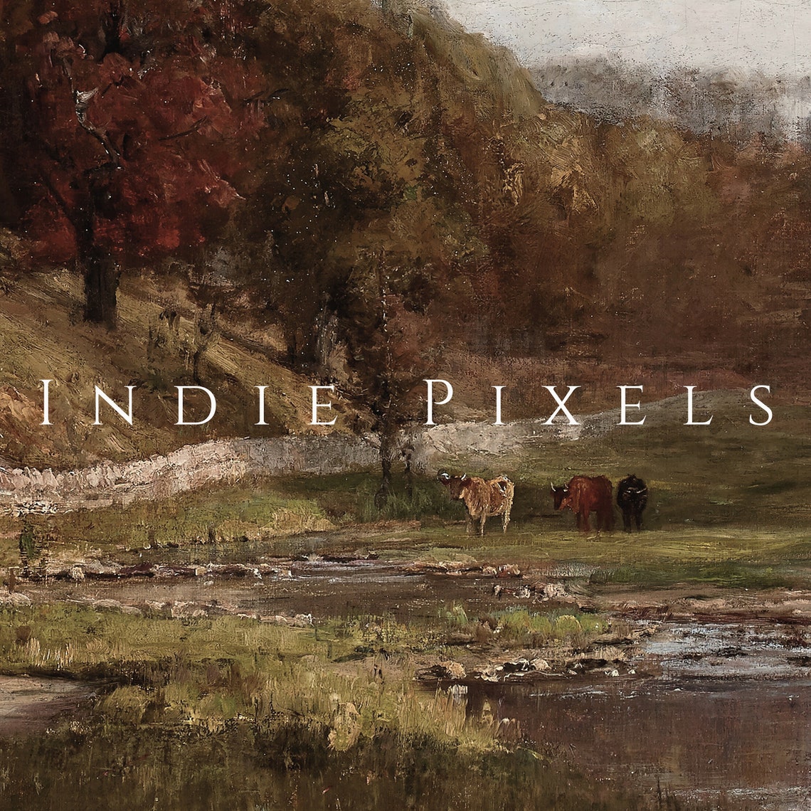 Autumn River Bend with Red Maples Grazing Cows Vintage Painting - Image 3