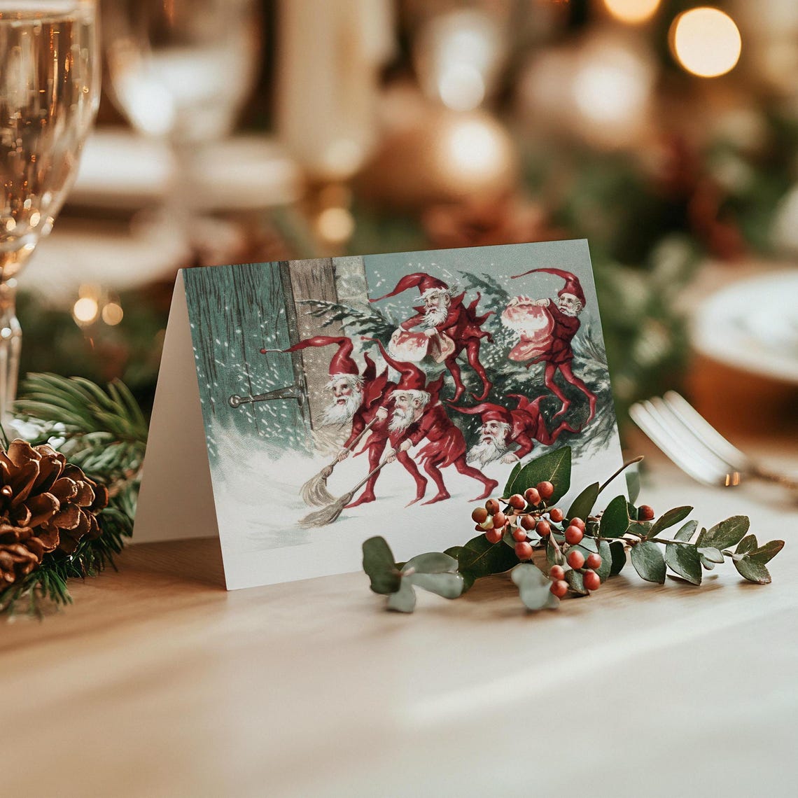Vintage Scandinavian Christmas Gnomes Red Elves Snowy Card Art Print - Image 4