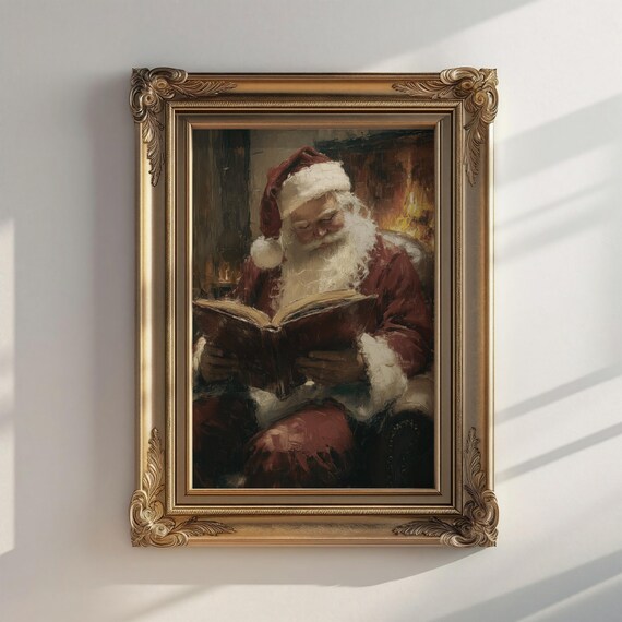 Christmas Wall Art Vintage Santa Portrait Painting Holiday Art Moody Christmas Decor Vintage Christmas Decor Rustic Holiday Art