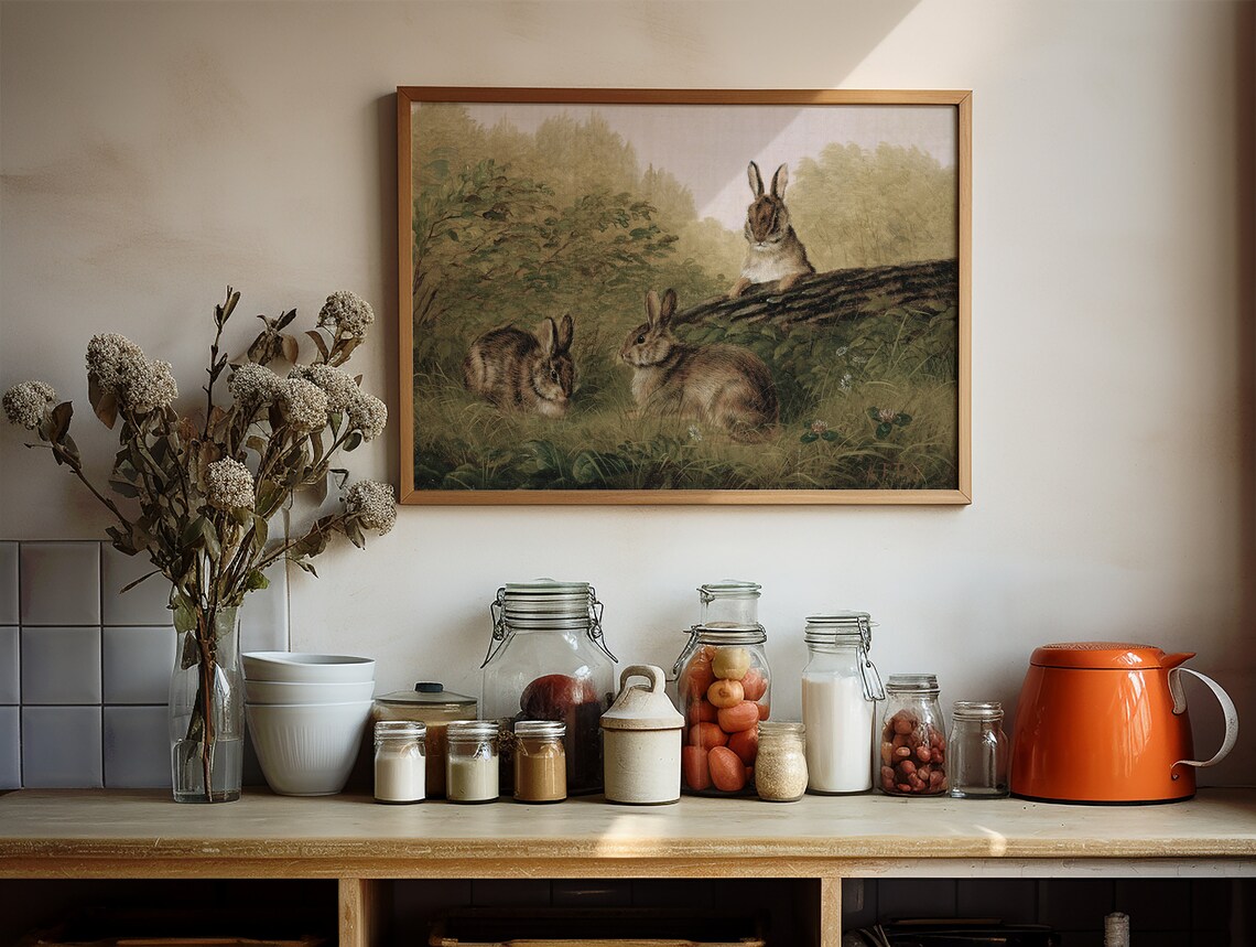 Vintage Rabbit Painting Three Rabbits Woodland Meadow Nursery Wall Poster - Image 3