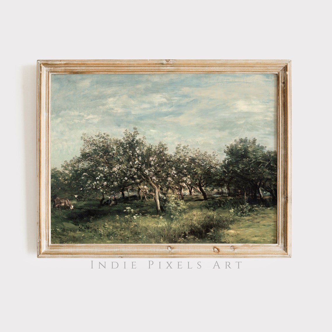 Spring Orchard in Bloom Vintage Painting with Grazing Cows Wall Art
