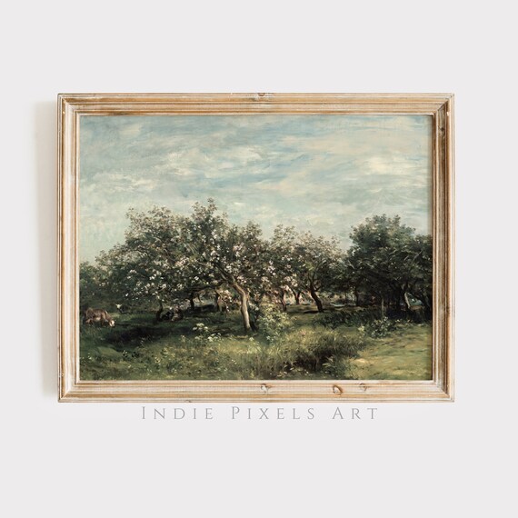 Spring Orchard in Bloom Vintage Painting with Grazing Cows Wall Art