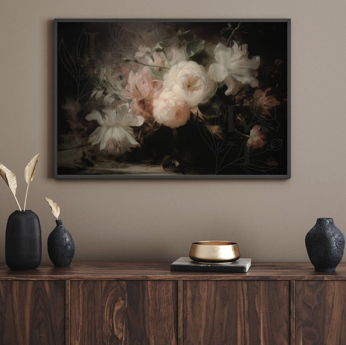Moody Dark Floral Peony Bouquet on Black Vintage Botanical Wall Art - Image 4