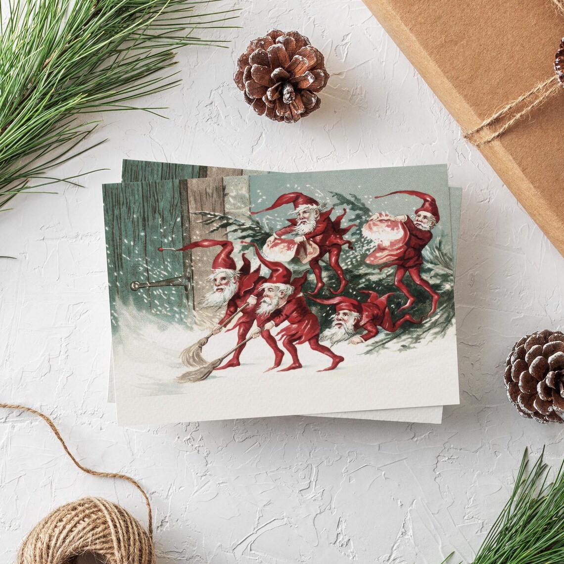 Vintage Scandinavian Christmas Gnomes Red Elves Snowy Card Art Print - Image 3