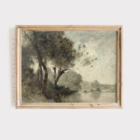 Landscape Art Rustic Vintage Muted Green Landscape Art Print English Cottage Painting Riverside Painting