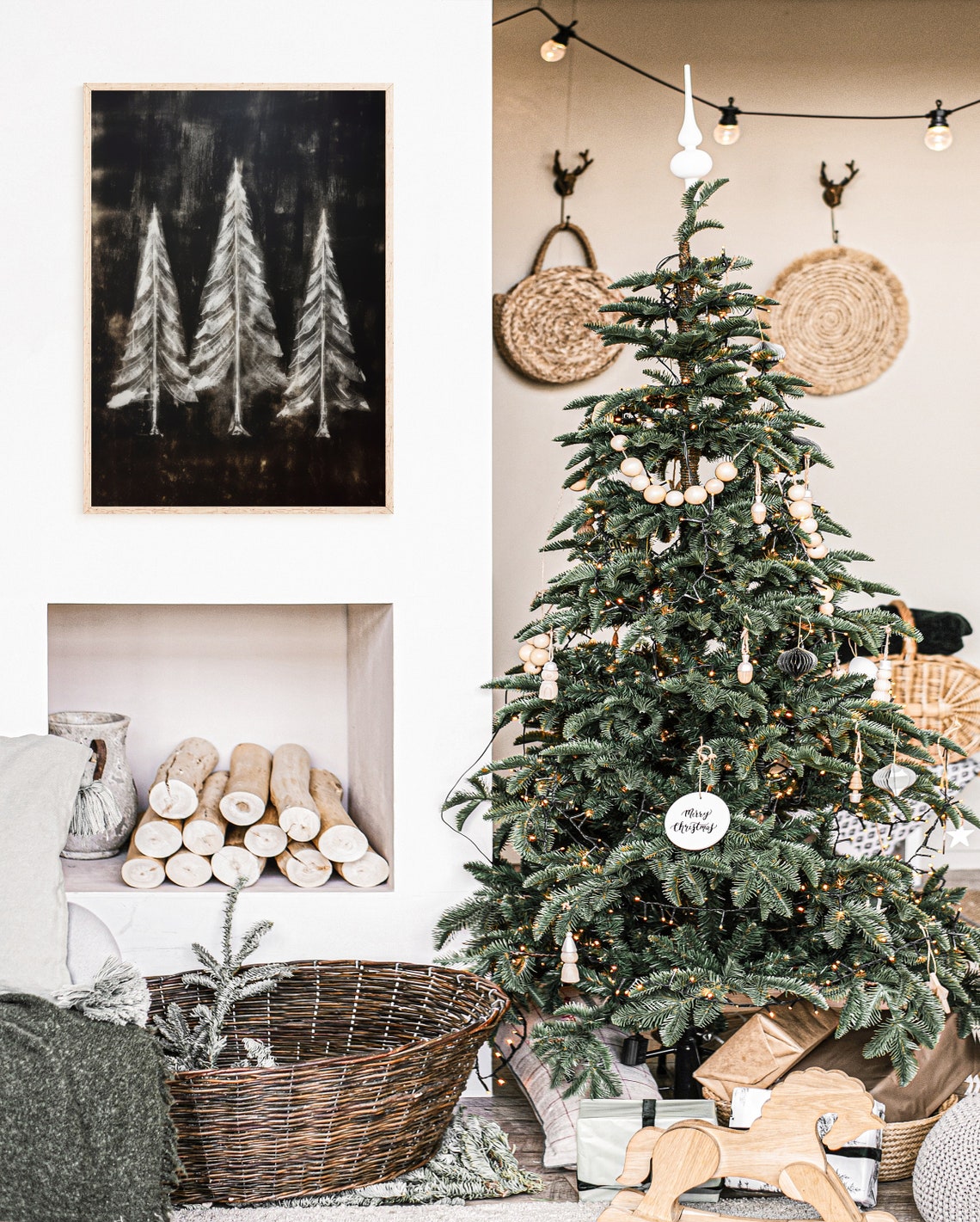 Black and White Snowy Pine Trees Moody Winter Night Wall Art - Image 3
