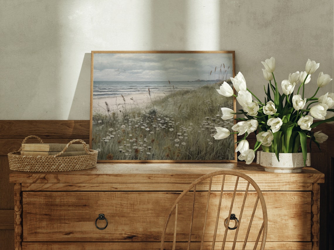 Wildflower Meadow Coastal Dunes Vintage Beach Landscape Wall Art - Image 4