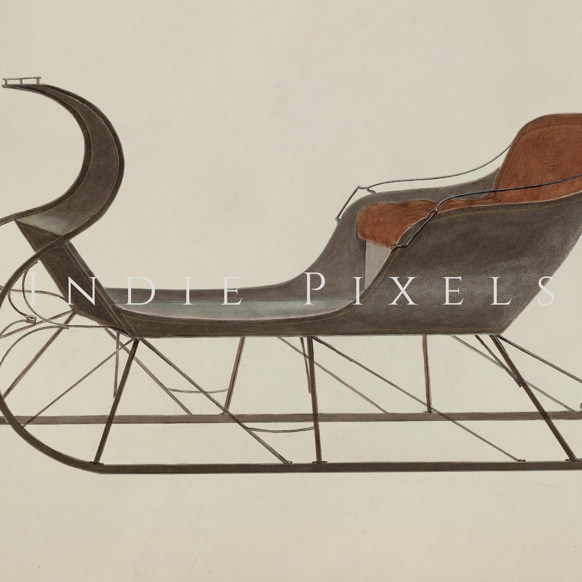 Vintage Antique Horse Drawn Sleighs Red Grey Winter Illustration Print - Image 3