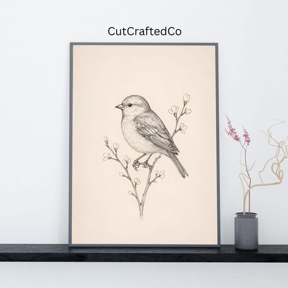 Bird Line Art Drawing Minimalist Print Botanical Ink Illustration Vintage Nature Sketch Wall Neutral Animal Decor