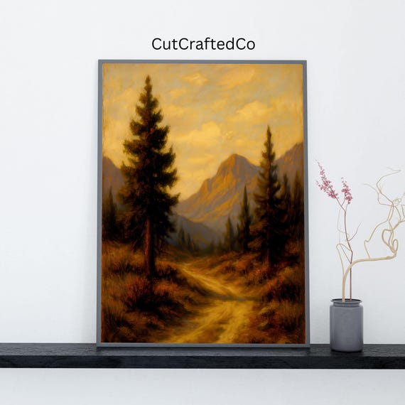 Golden Forest Pathway Print Mountain Landscape Wall Art Tranquil Nature Scene Pine Tree Poster Oil Painting