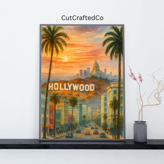 Hollywood Watercolor Print Los Angeles Wall Art Sunset La Skyline Poster Cityscape Decor