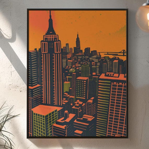 New York City Skyline Retro Art Print Vibrant Urban Illustration Nyc Premium Matte Poster