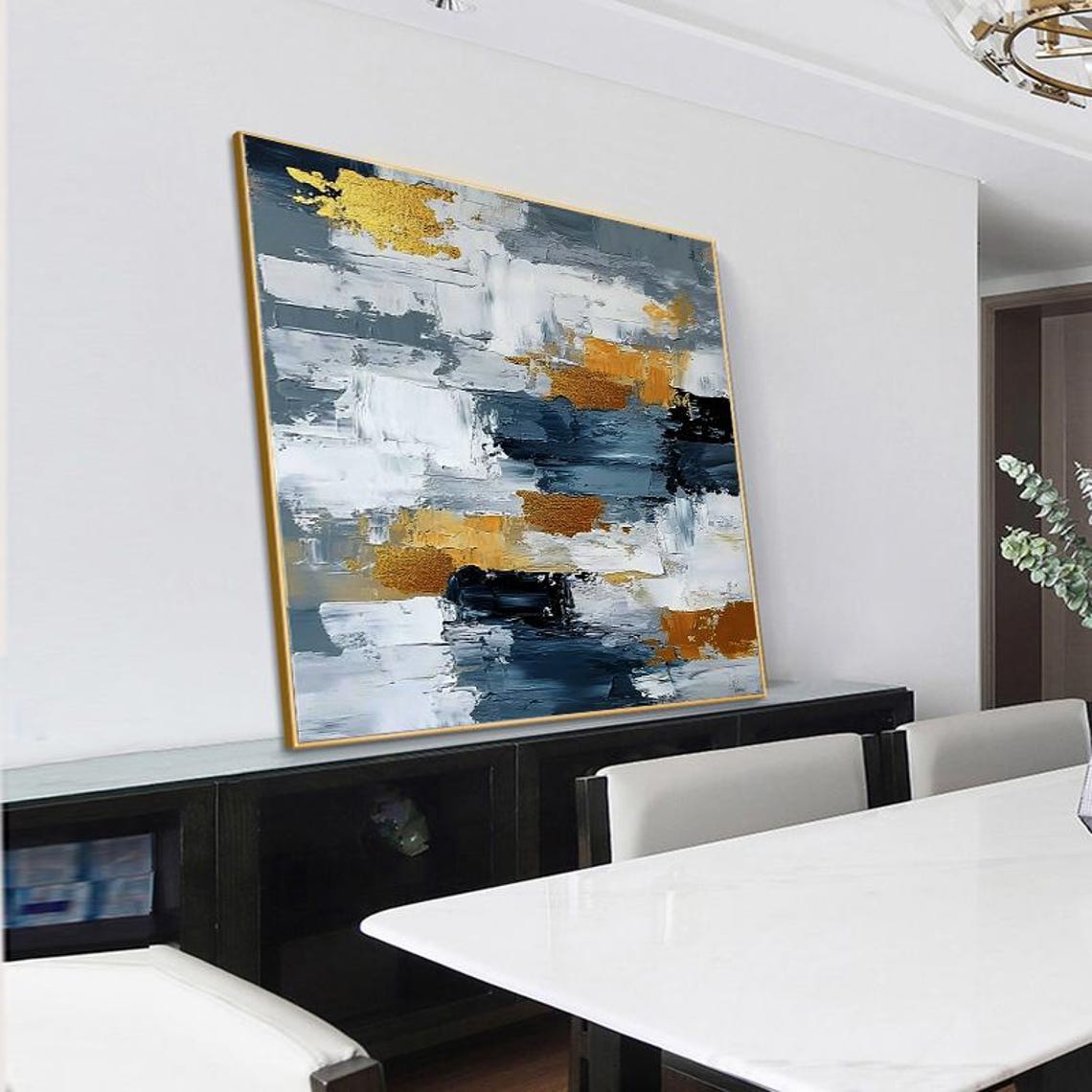 Elegant Grey White and Gold Modern Abstract Oil Painting Poster - Image 5