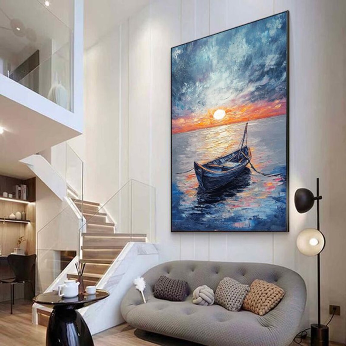 Peaceful Sunset Sailboat on Calm Blue Ocean Oil Painting Poster - Image 2