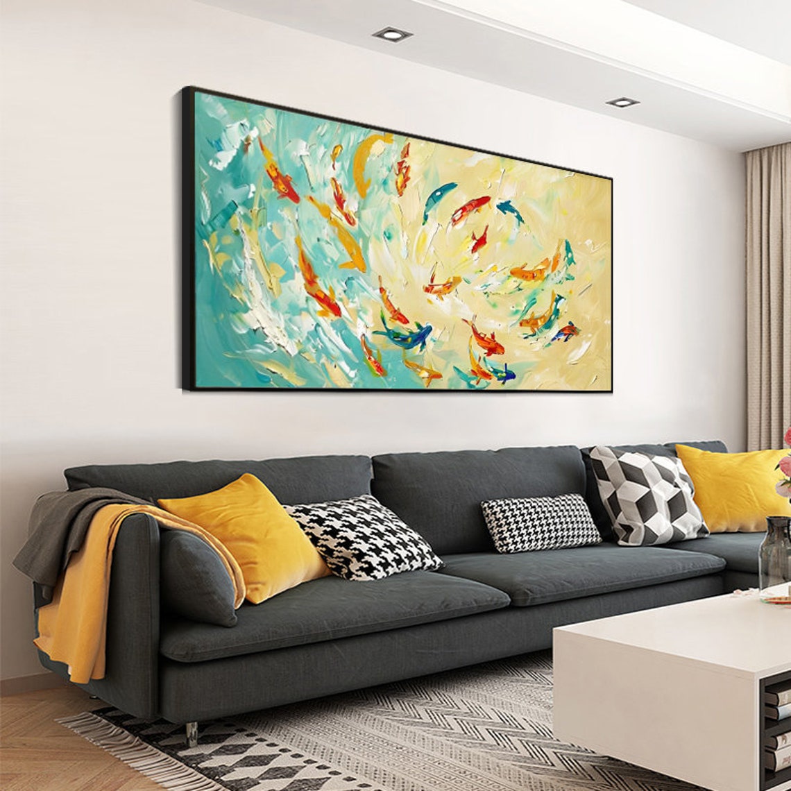 Koi Fish Swirling In Yellow Teal Abstract Water Art Painting Poster - Image 2