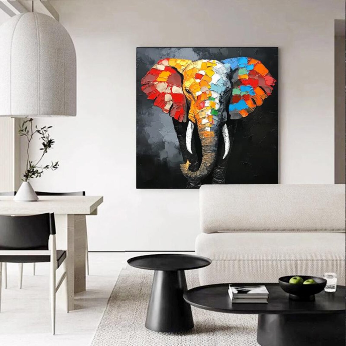 Colorful Mosaic Elephant Head On Deep Black Background Statement Art Poster - Image 4
