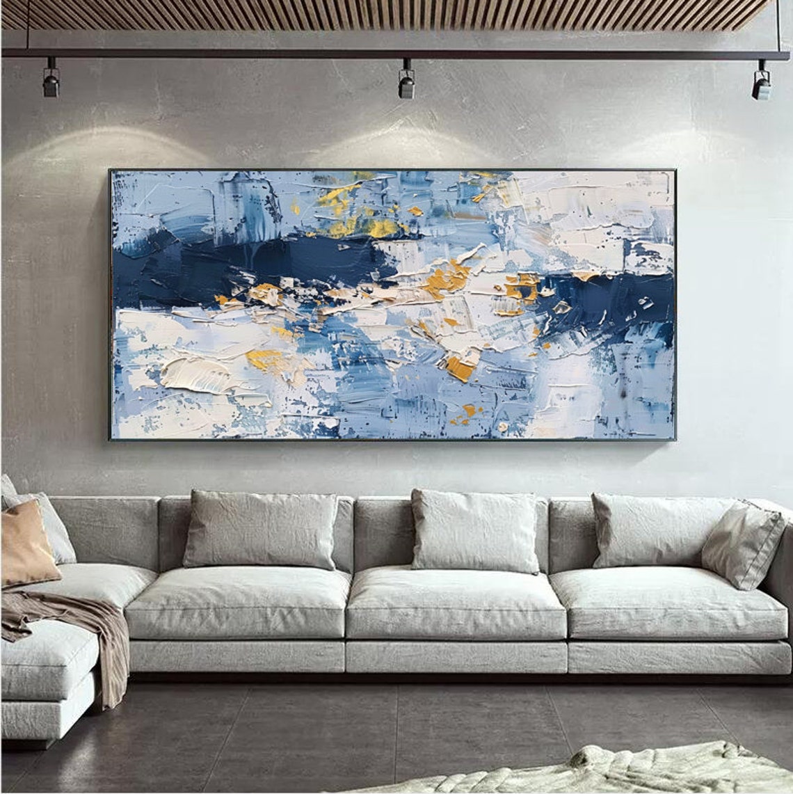 Deep Blue White and Gold Abstract Textured Canvas Artwork Poster - Image 3