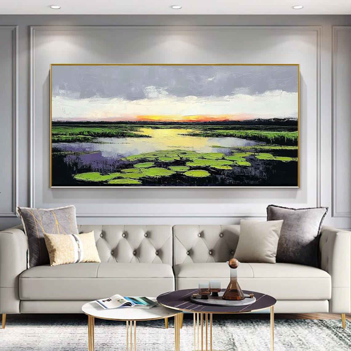 Tranquil Wetland Lake at Golden Sunset With Green Lily Pads Poster - Image 4