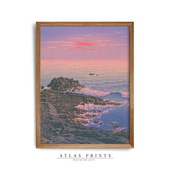 Kawase Hasui Rocky Shore Pink Sunset Japanese Woodblock Wall Art