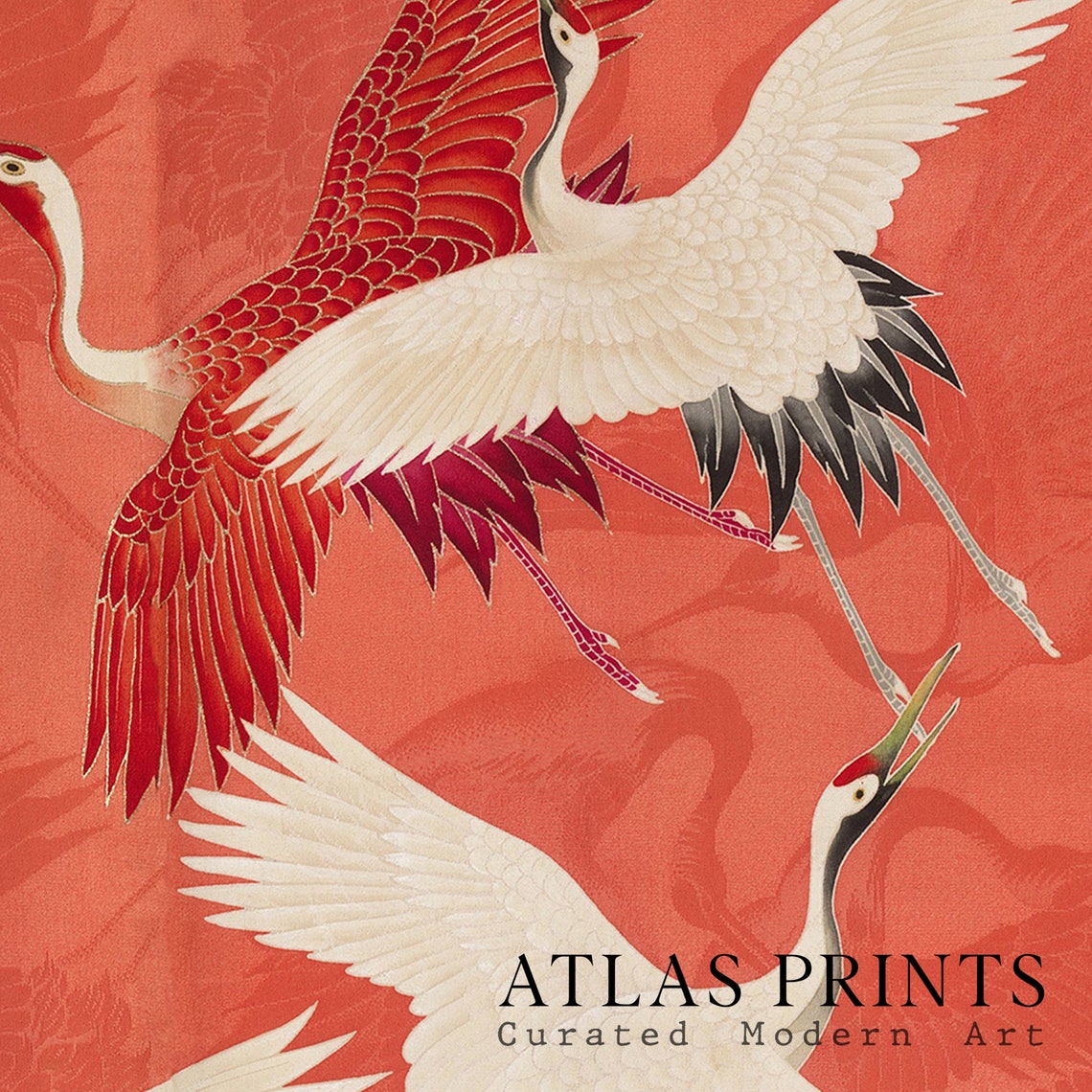Vintage Red Crane Japanese Kimono Textile White Bird Flight Poster - Image 4