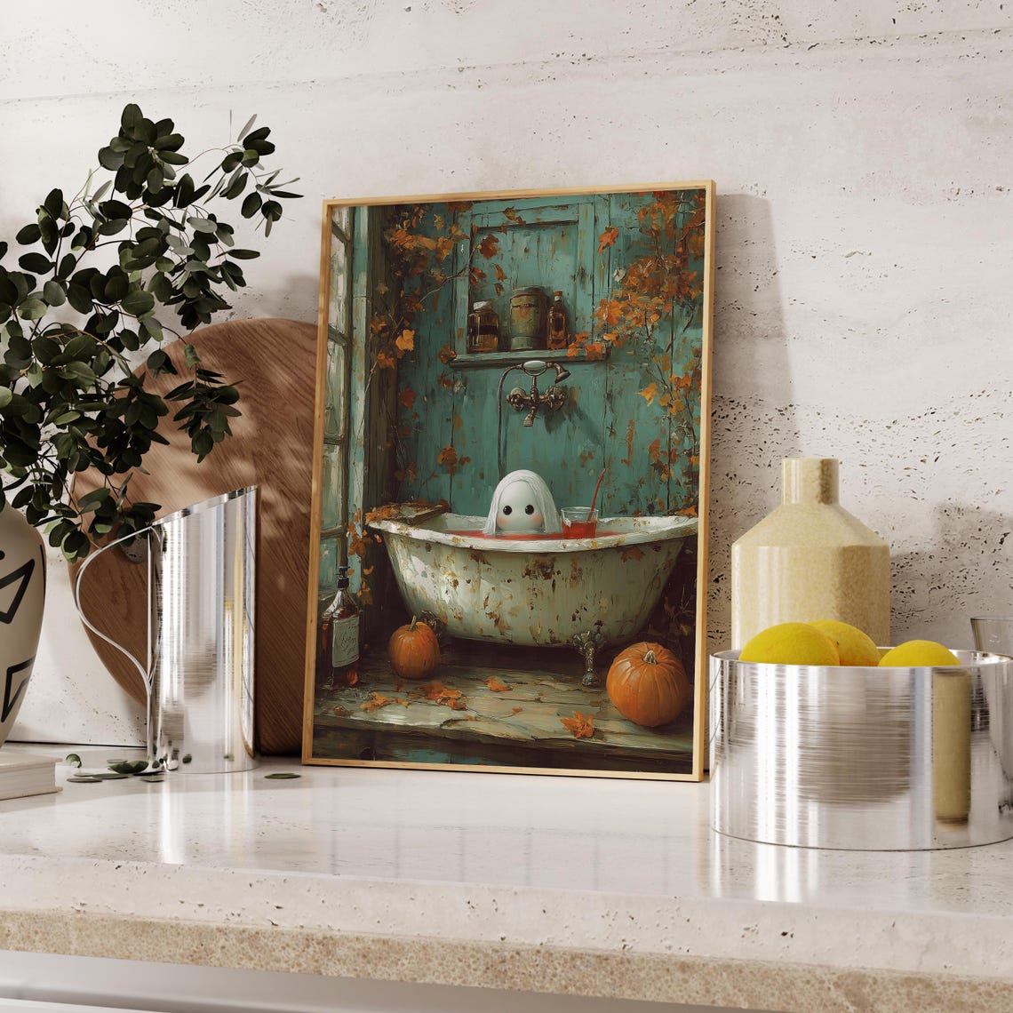 Cute White Ghost Bathing With Pumpkins Autumn Halloween Poster - Image 2