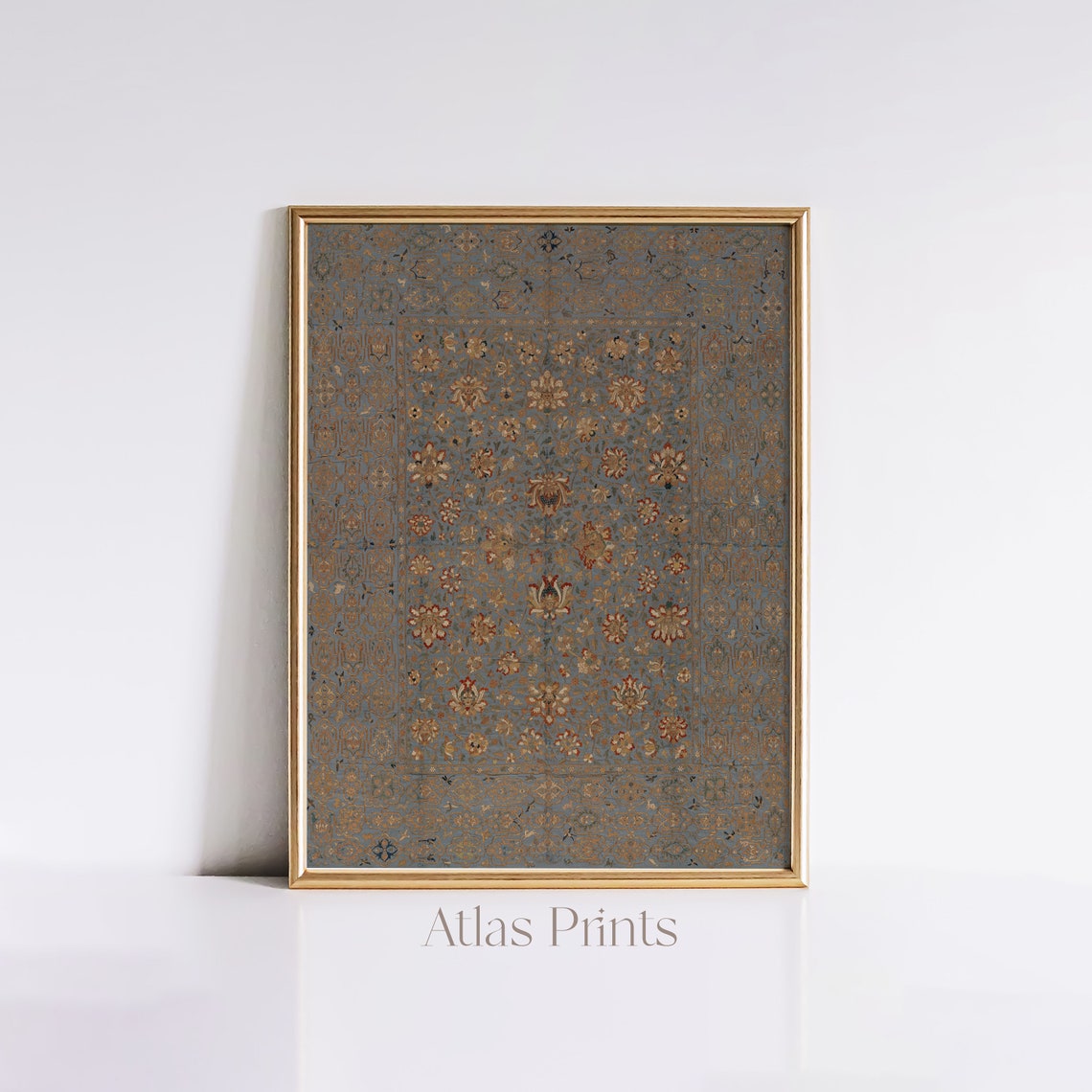 Antique Blue Floral Rug Textile Pattern Carpet Vintage Country Poster