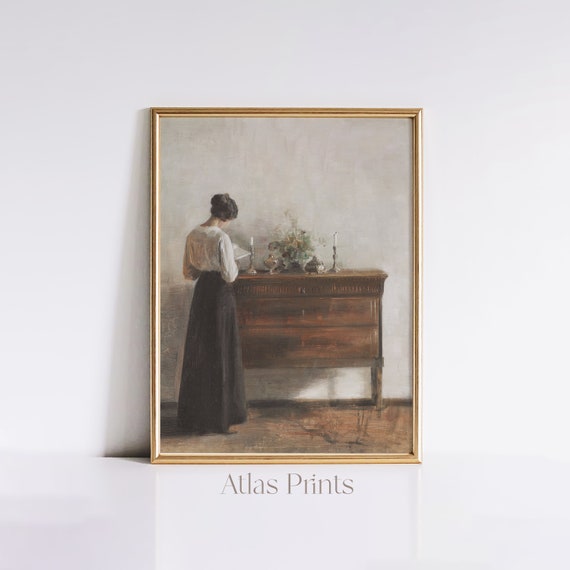 Vintage European Portrait Painting Antique Moody Woman Portrait Print Light Academia Victorian Decor Moody Warm Tone Wall Art