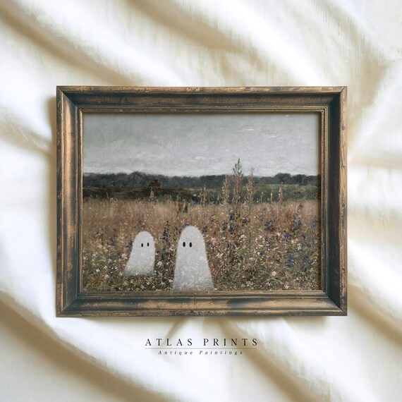 Two Cute Ghosts In A Blooming Wildflower Meadow Spring Poster