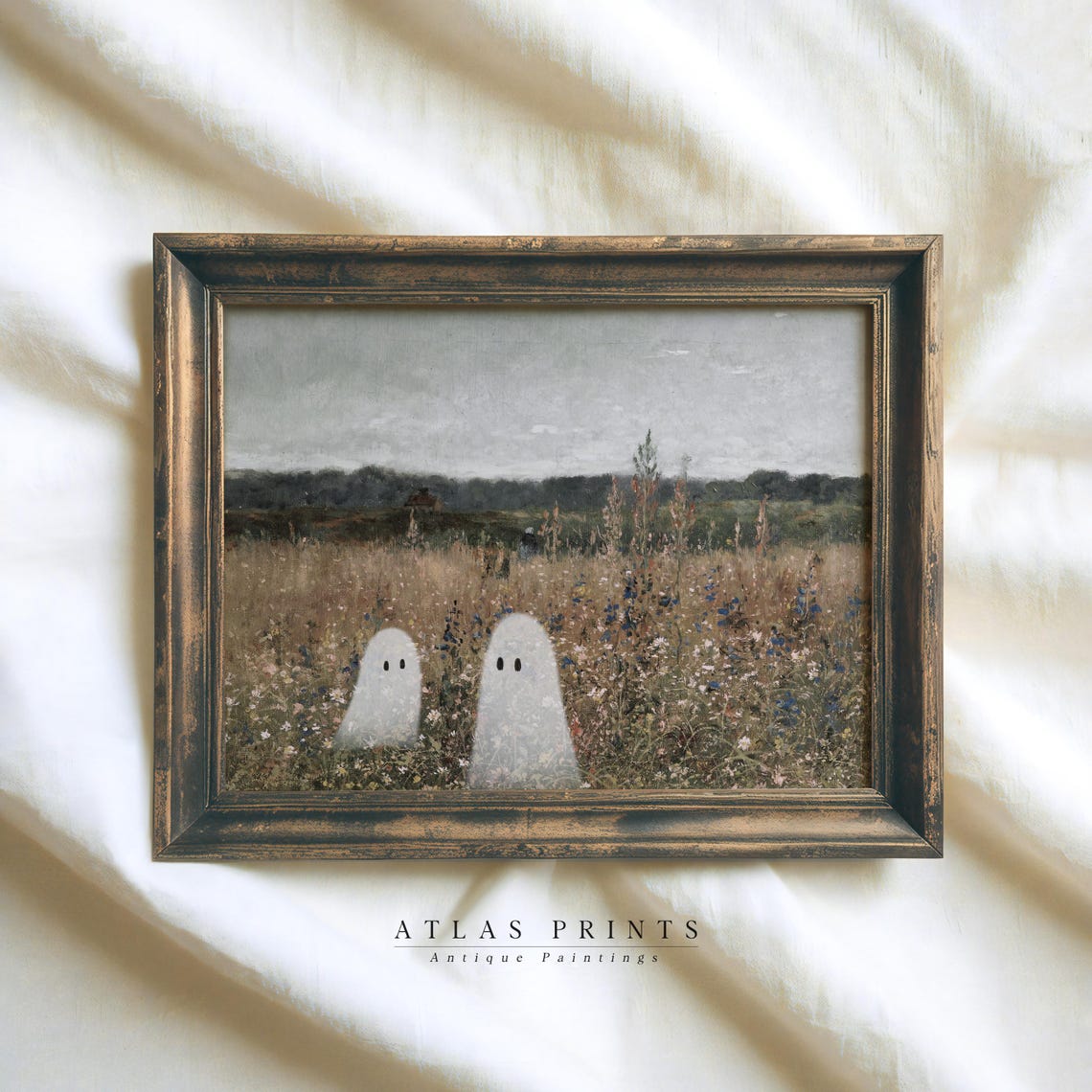 Two Cute Ghosts In A Blooming Wildflower Meadow Spring Poster