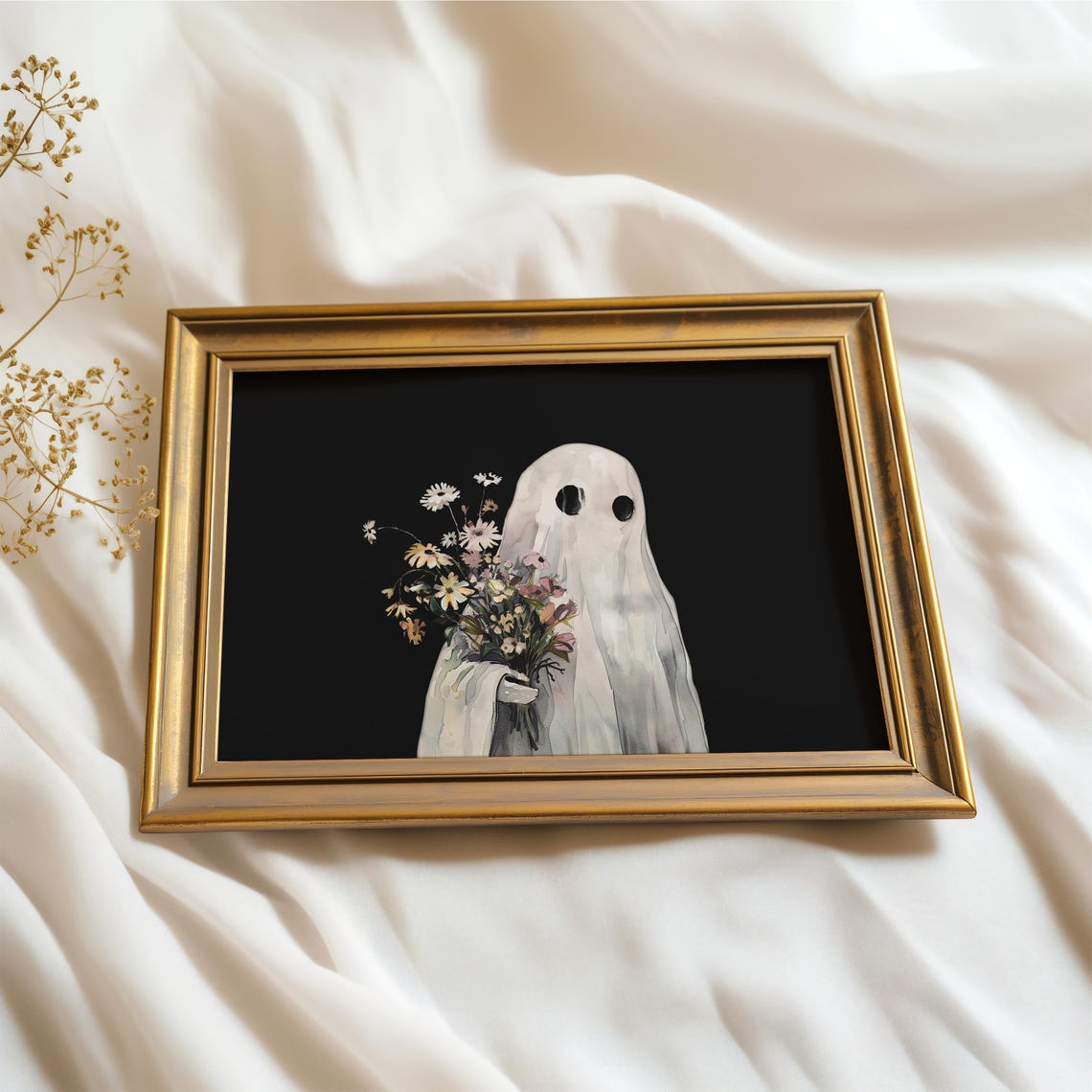 Cute Little Ghost Holding Flower Bouquet Dark Halloween Wall Art - Image 2