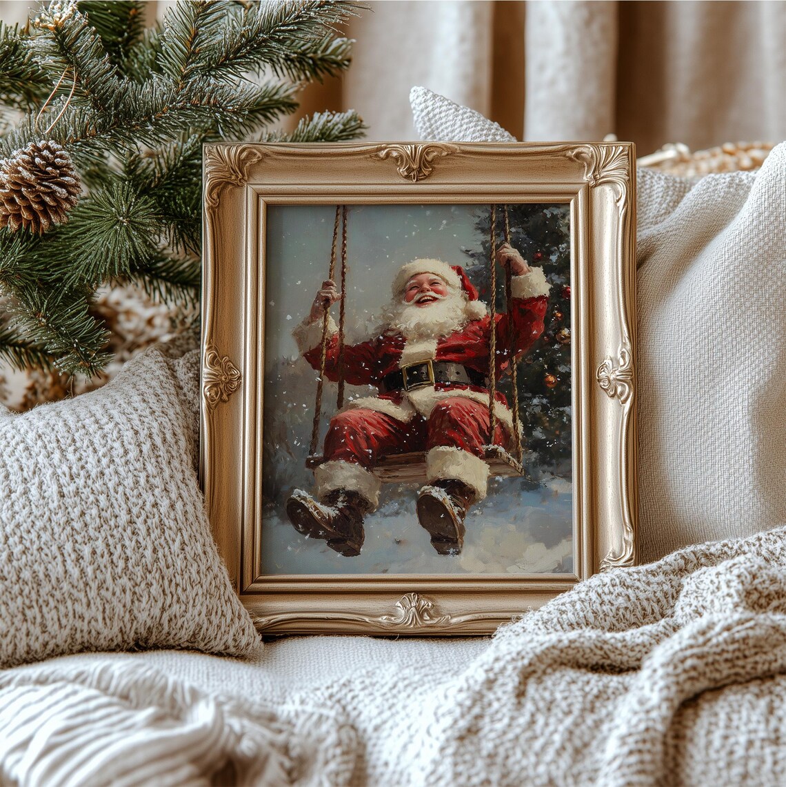 Santa Claus On A Swing In Snowy Night Vintage Christmas Joy Poster - Image 2