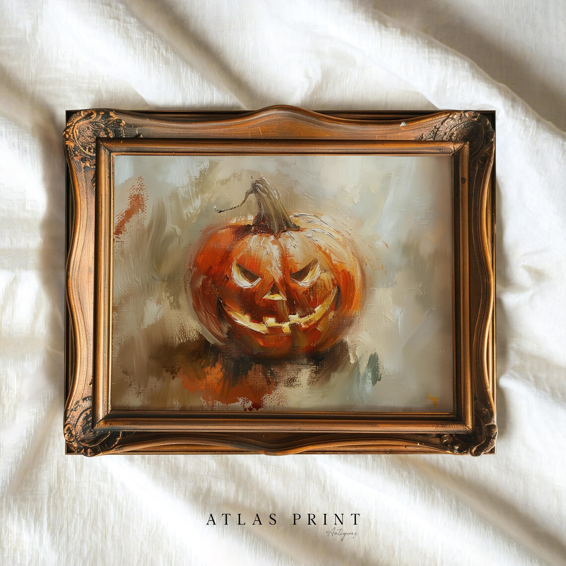 Grinning Jack O Lantern Vintage Oil Painting Spooky Halloween Wall Art - Image 4