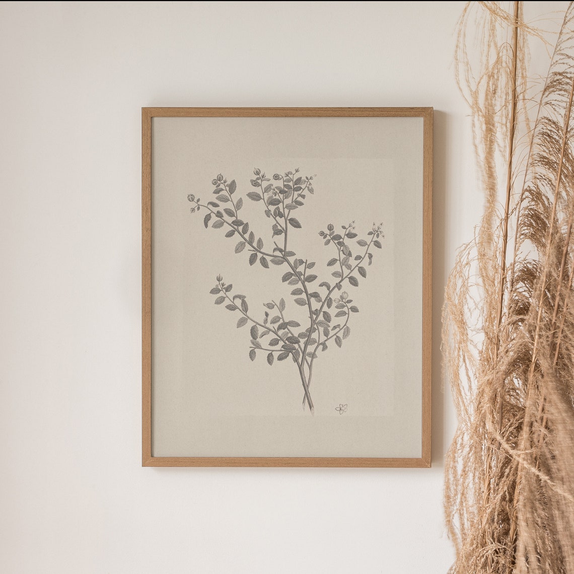 Elegant Minimal Grey Leaf Sprig Botanical Sketch Vintage Wall Art - Image 2