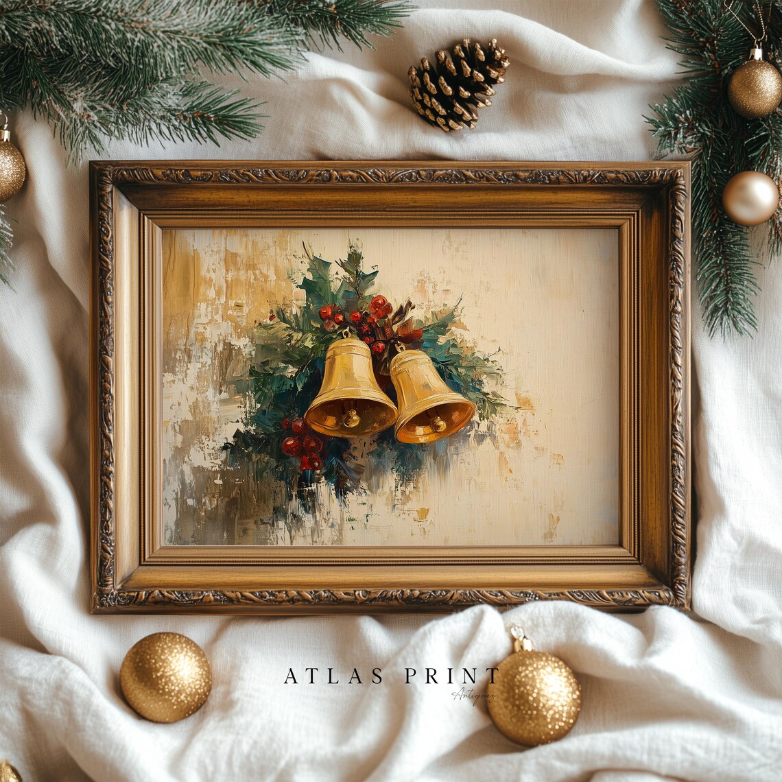 Golden Christmas Bells With Holly And Berries Vintage Oil Poster - Image 5