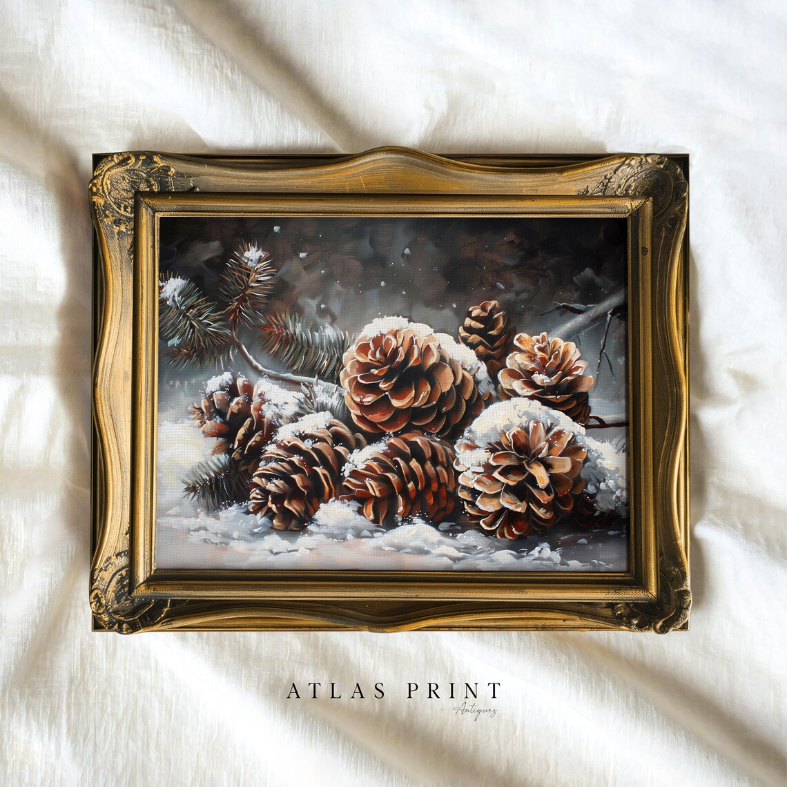 Vintage Snowy Pinecones Winter Still Life Oil Painting Poster - Image 4